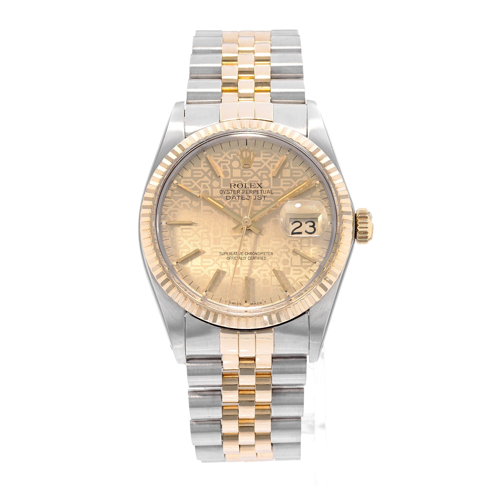Rolex Datejust 36 Ref. 16013 Champagne Patina Dial Two-Tone Yellow Gold Steel Jubilee Mens Watch Circa 1985
