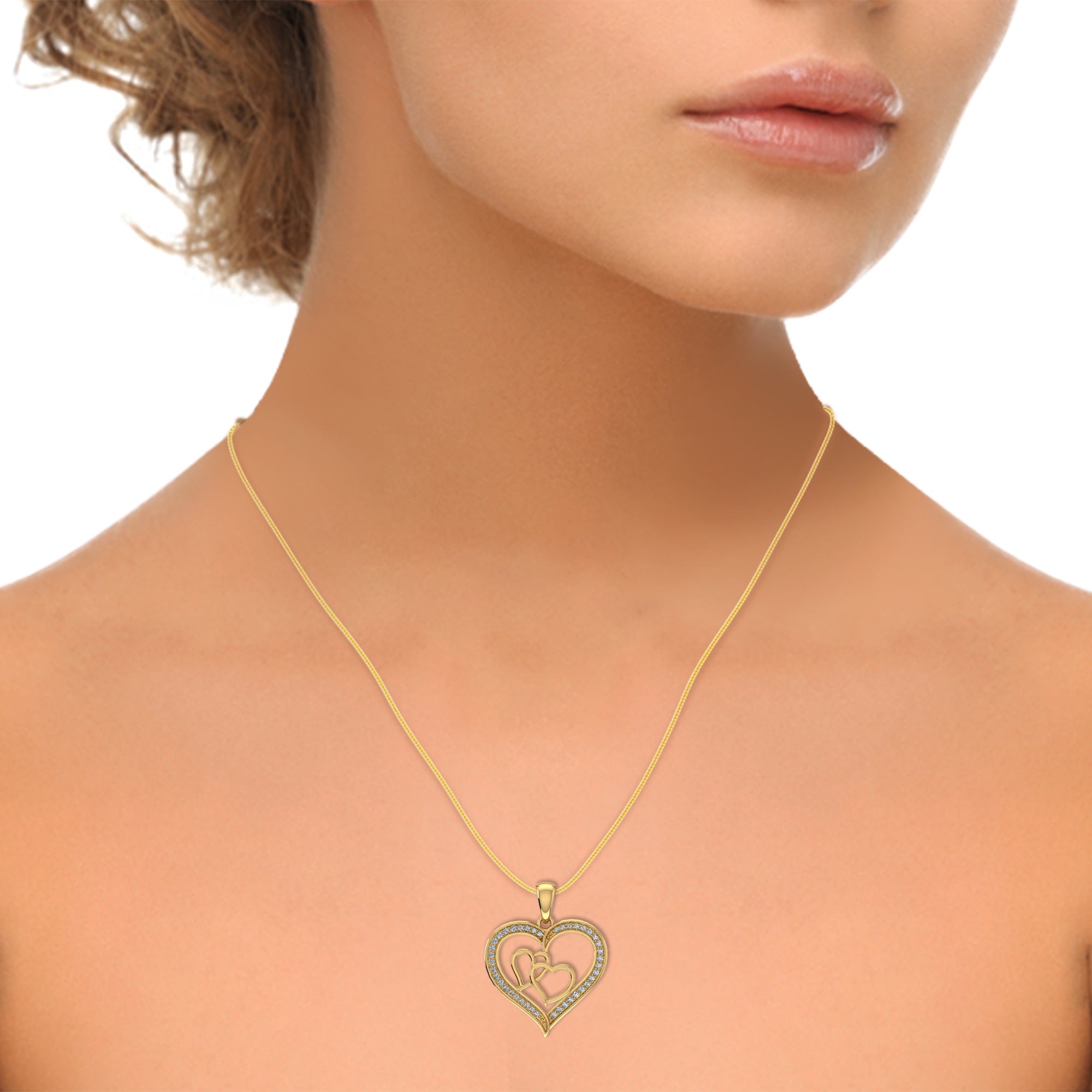 10K Yellow Gold Round Diamond Womens Double Heart Pendant 1/8 Cttw