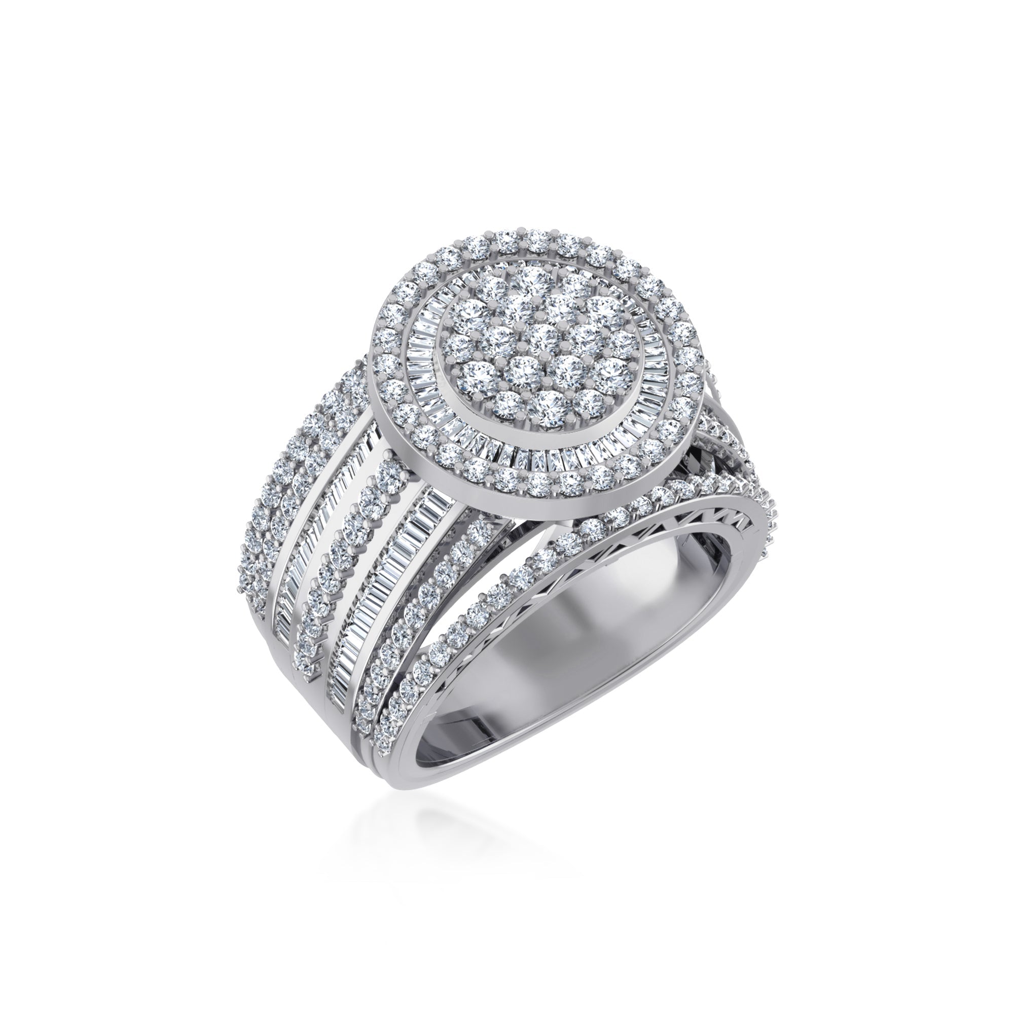 10K White Gold Round Baguette Diamond Designer Sz 7 Head Ladies Ring 2-1/3 Cttw