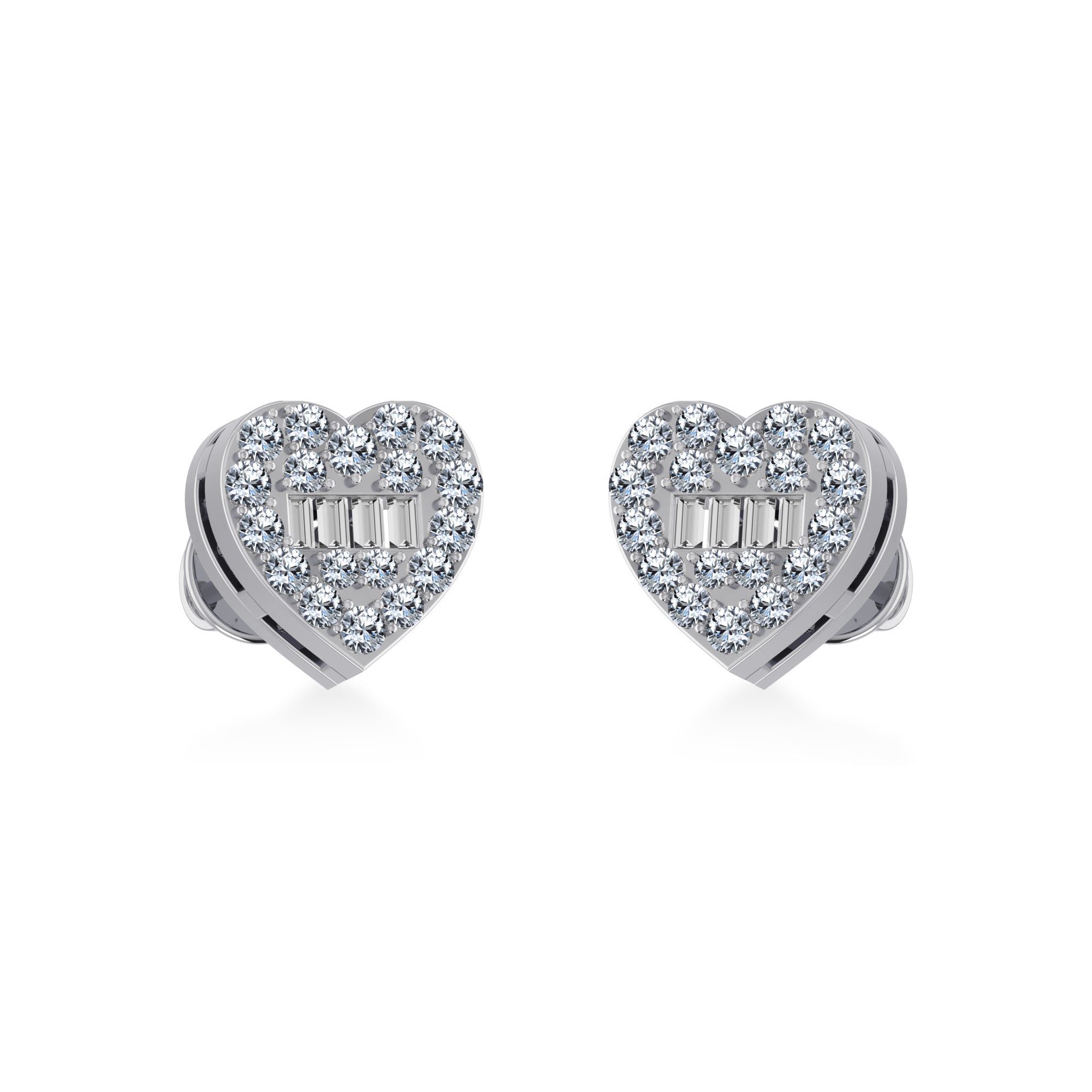 10K White Gold Round Baguette Diamond Heart Shape Cluster Stud Earring 1/5 Cttw