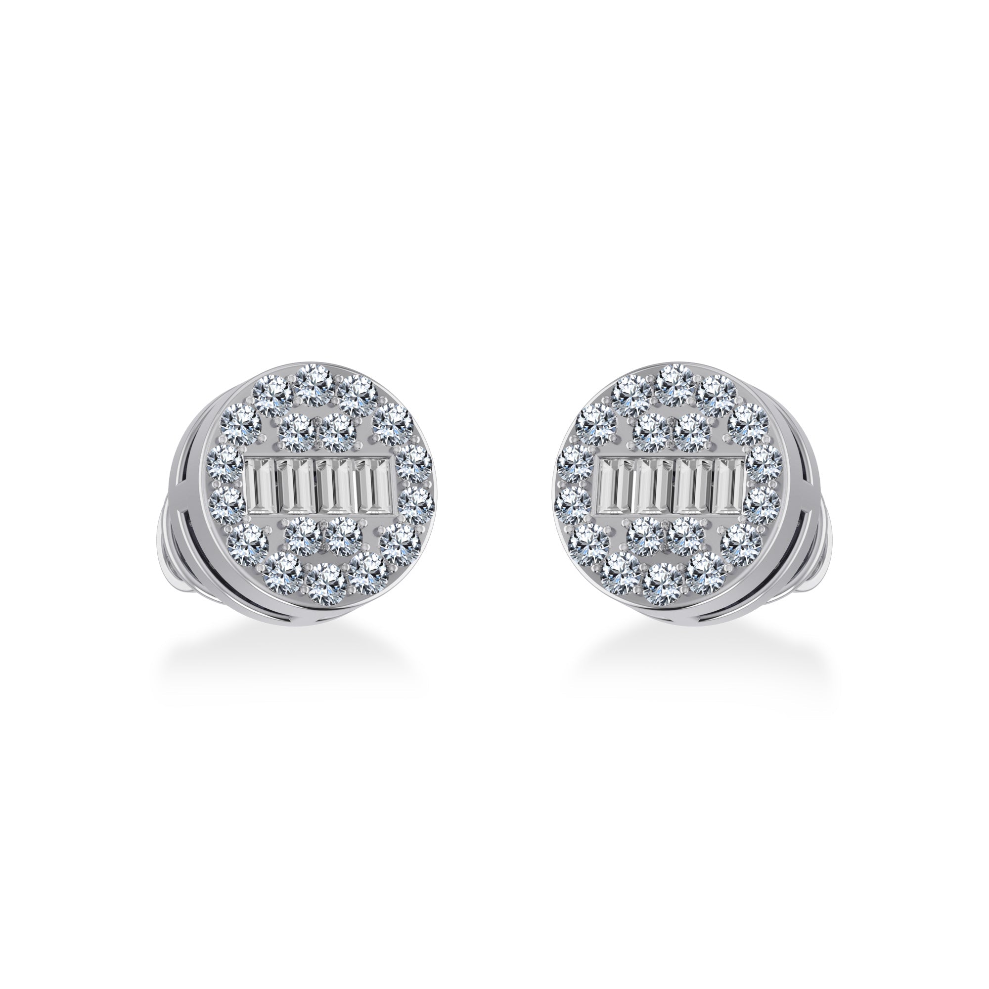 10K White Gold Round Baguette Diamond Cluster Stud Earrings 1/5 Cttw