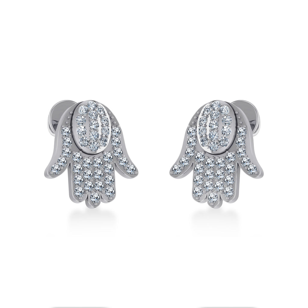 10K White Gold Round Baguette Diamond Hamza Hand Religious Stud Earring 1/5 Cttw