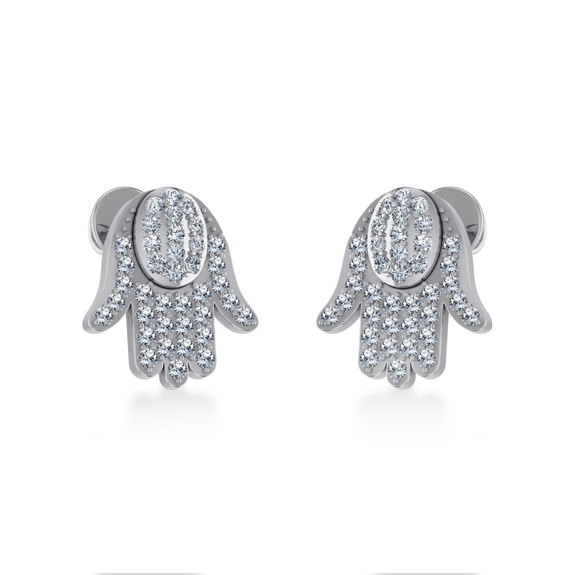 10K White Gold Round Baguette Diamond Hamza Hand Religious Stud Earring 1/5 Cttw