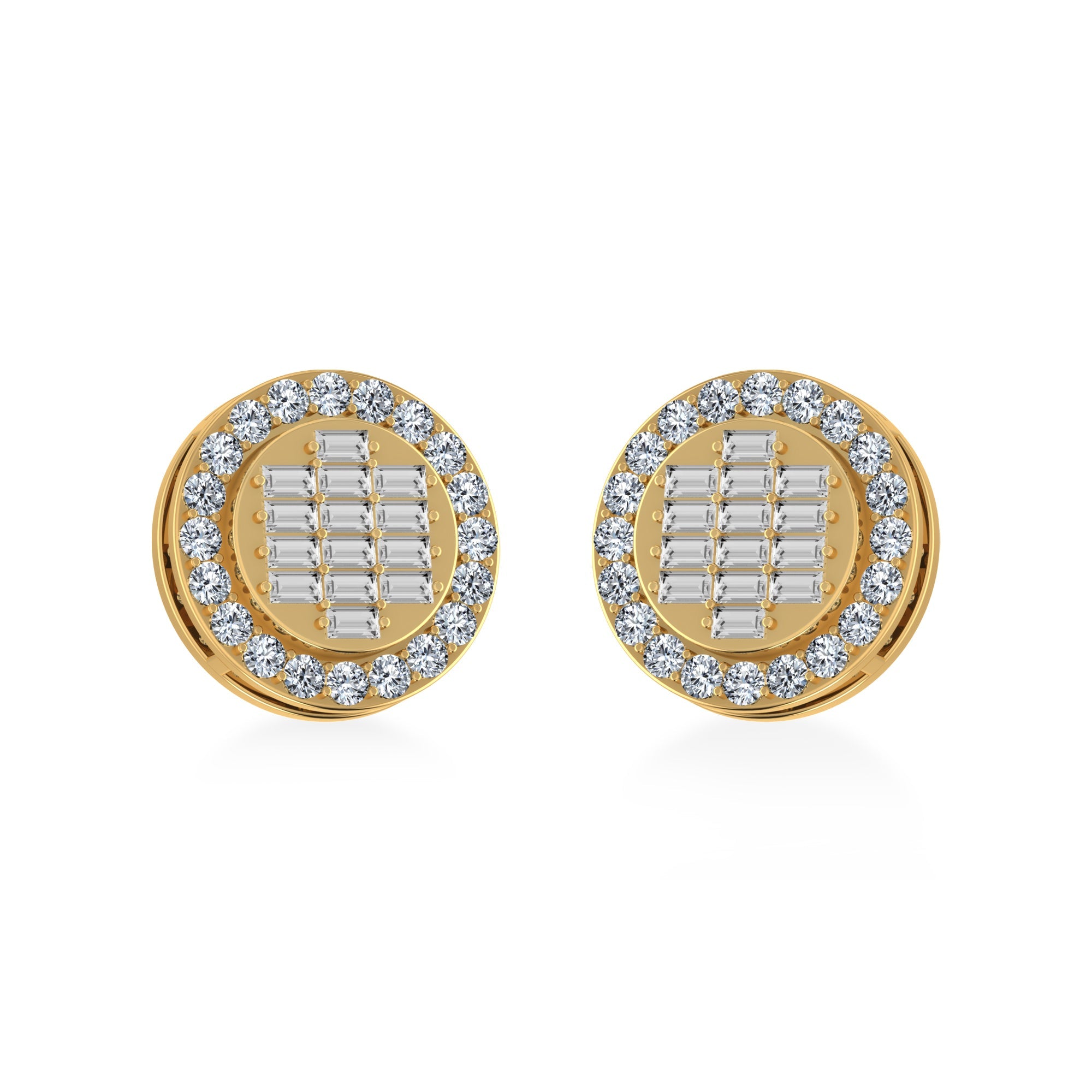 10K Yellow Gold Round Baguette Diamond Cluster Stud Earring 5/8 Cttw