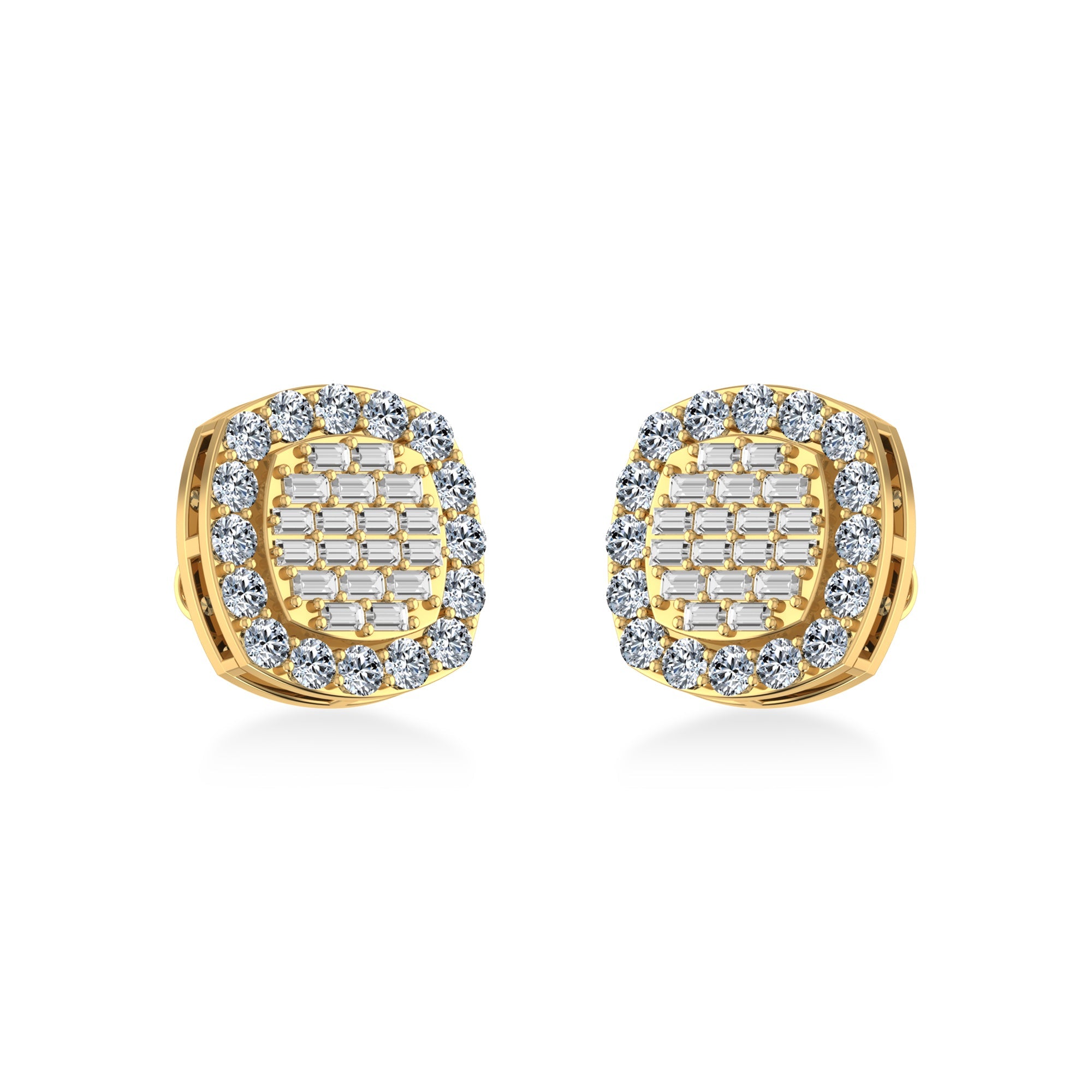 10K Yellow Gold Round Baguette Diamond Stud Earrings 1 Cttw