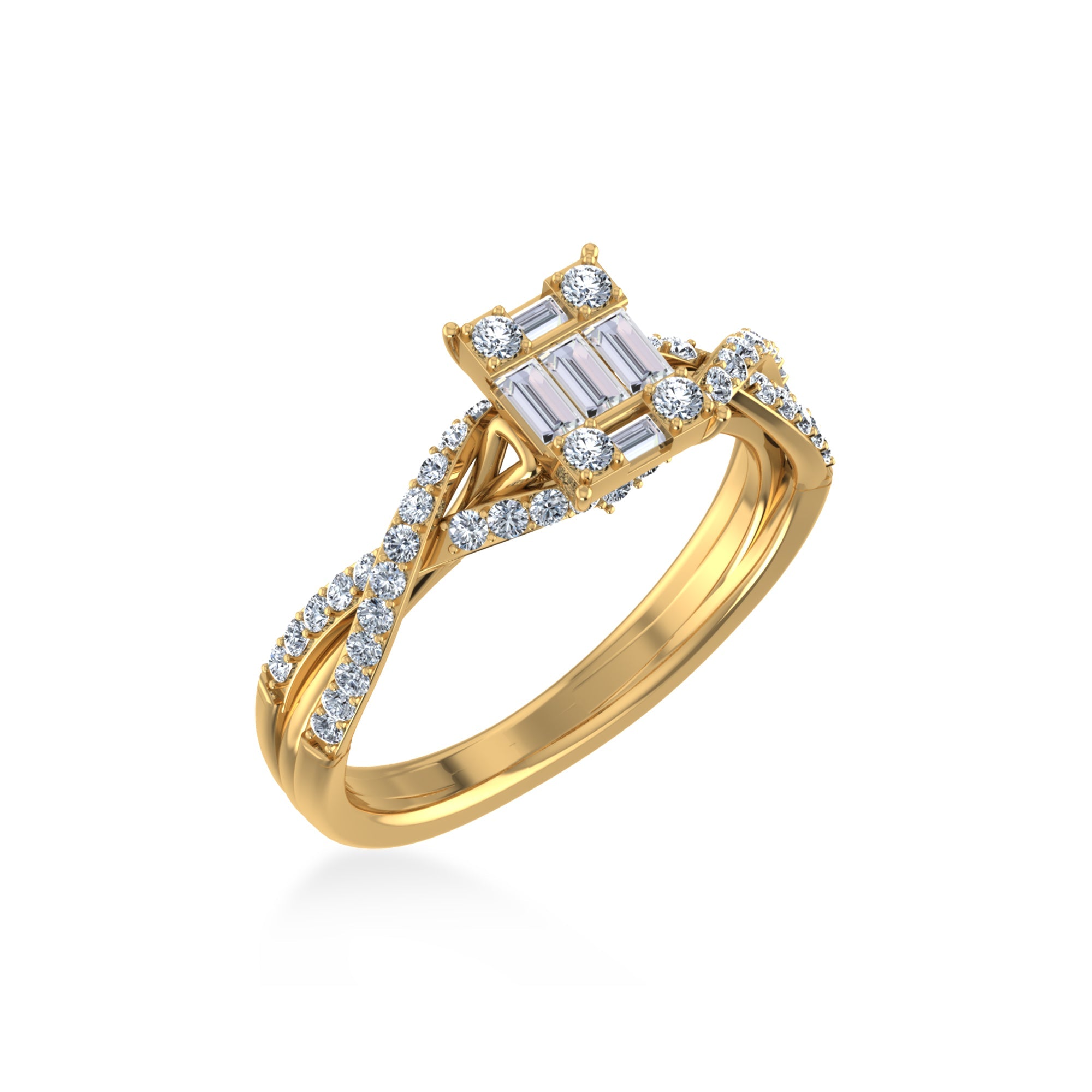 14K Yellow Gold Round Baguette Diamond Womens Designer Ring 1/2 Cttw