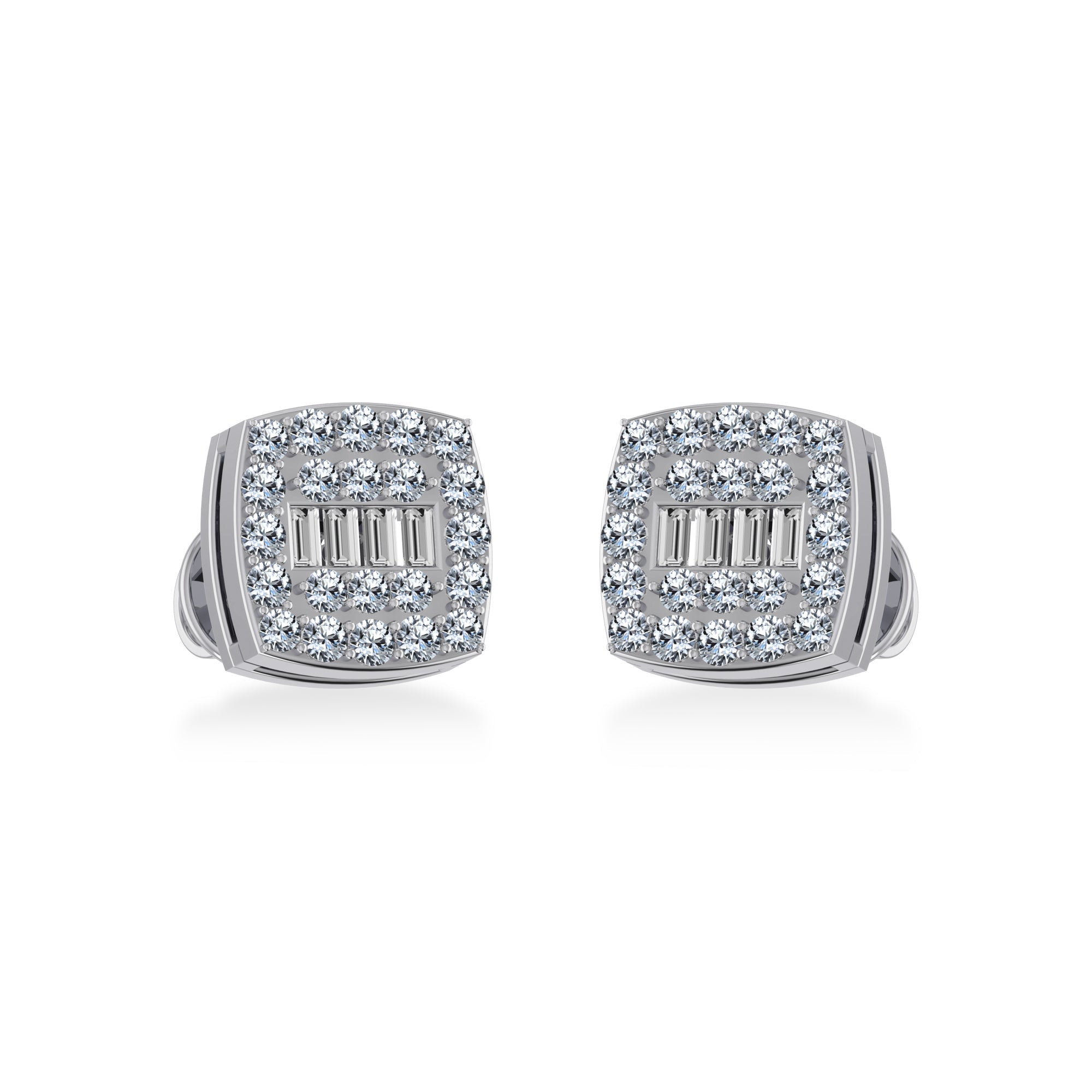 14K White Gold Round Baguette Diamond Square Shape Cluster Stud Earring 1/4 Cttw