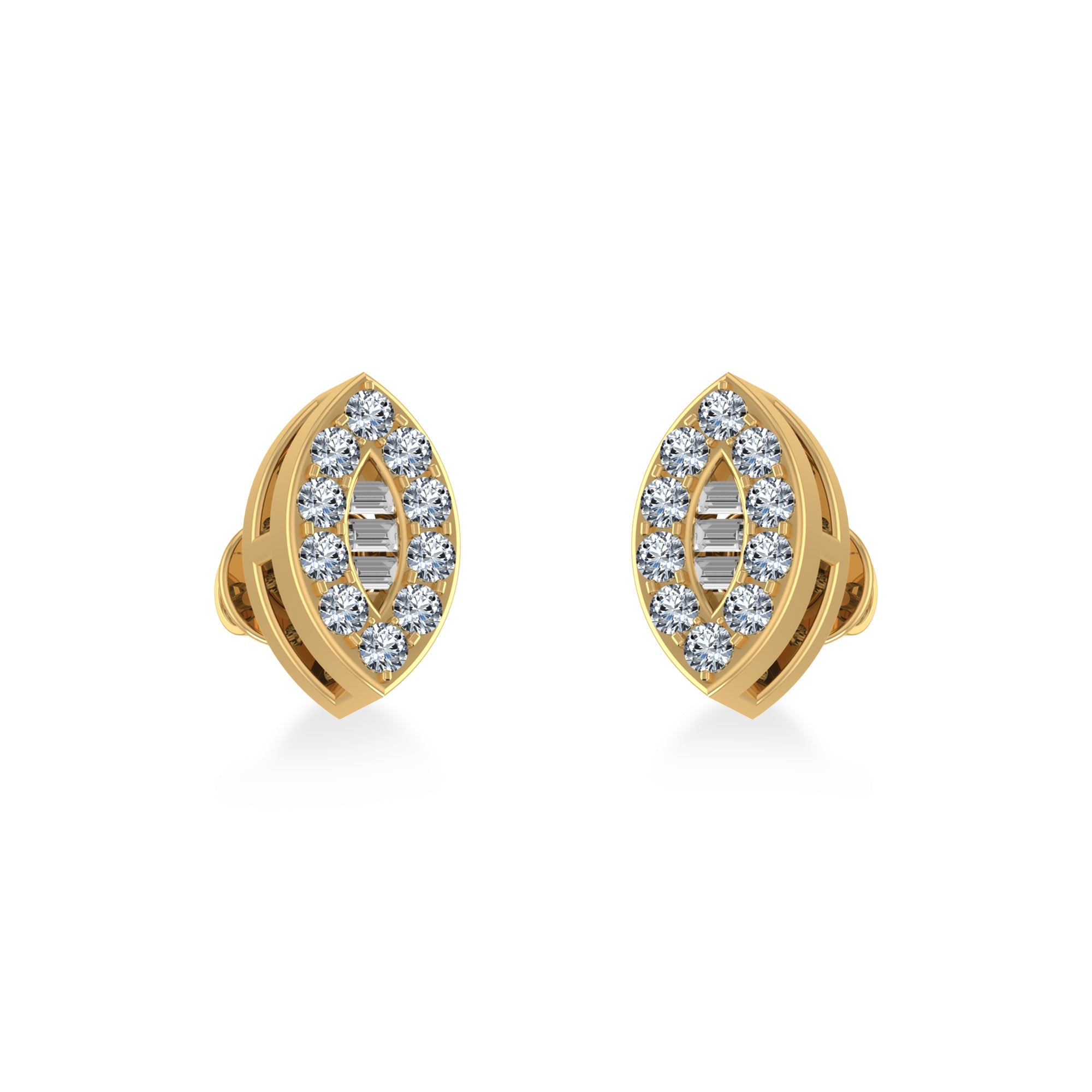 14K Yellow Gold Baguette Diamond Marquise Shape Cluster Stud EarRing 1/8 Cttw
