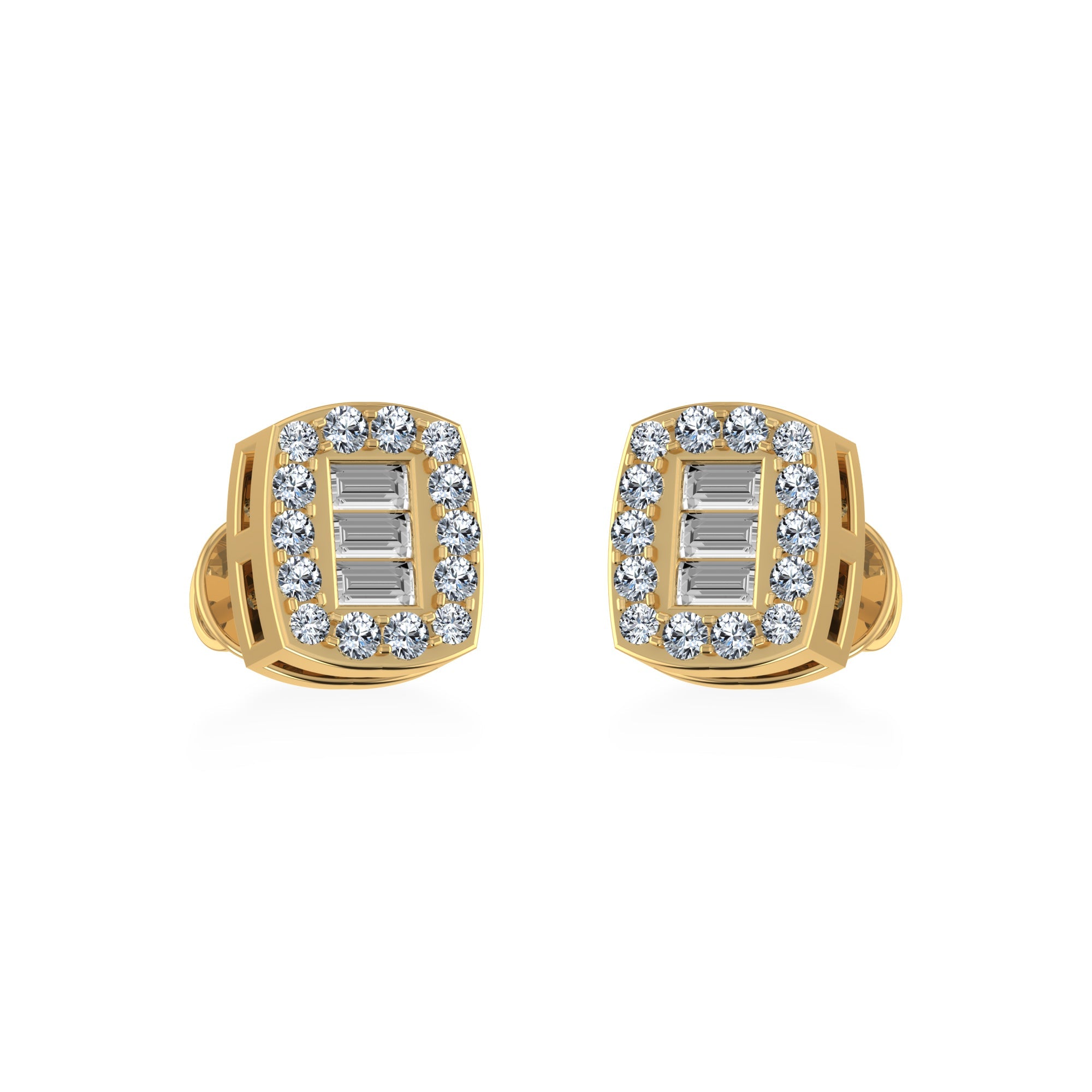 14K Yellow Gold Round Baguette Diamond Stud Earrings 1/5 Cttw
