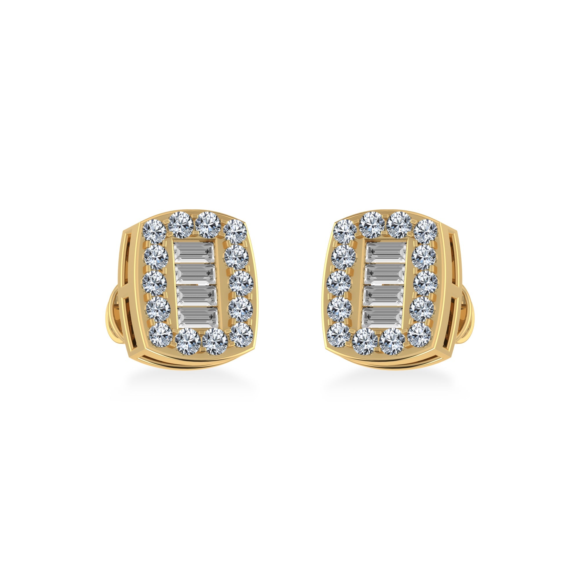 14K Yellow Gold Round Baguette Diamond Stud Earring 3/8 Cttw
