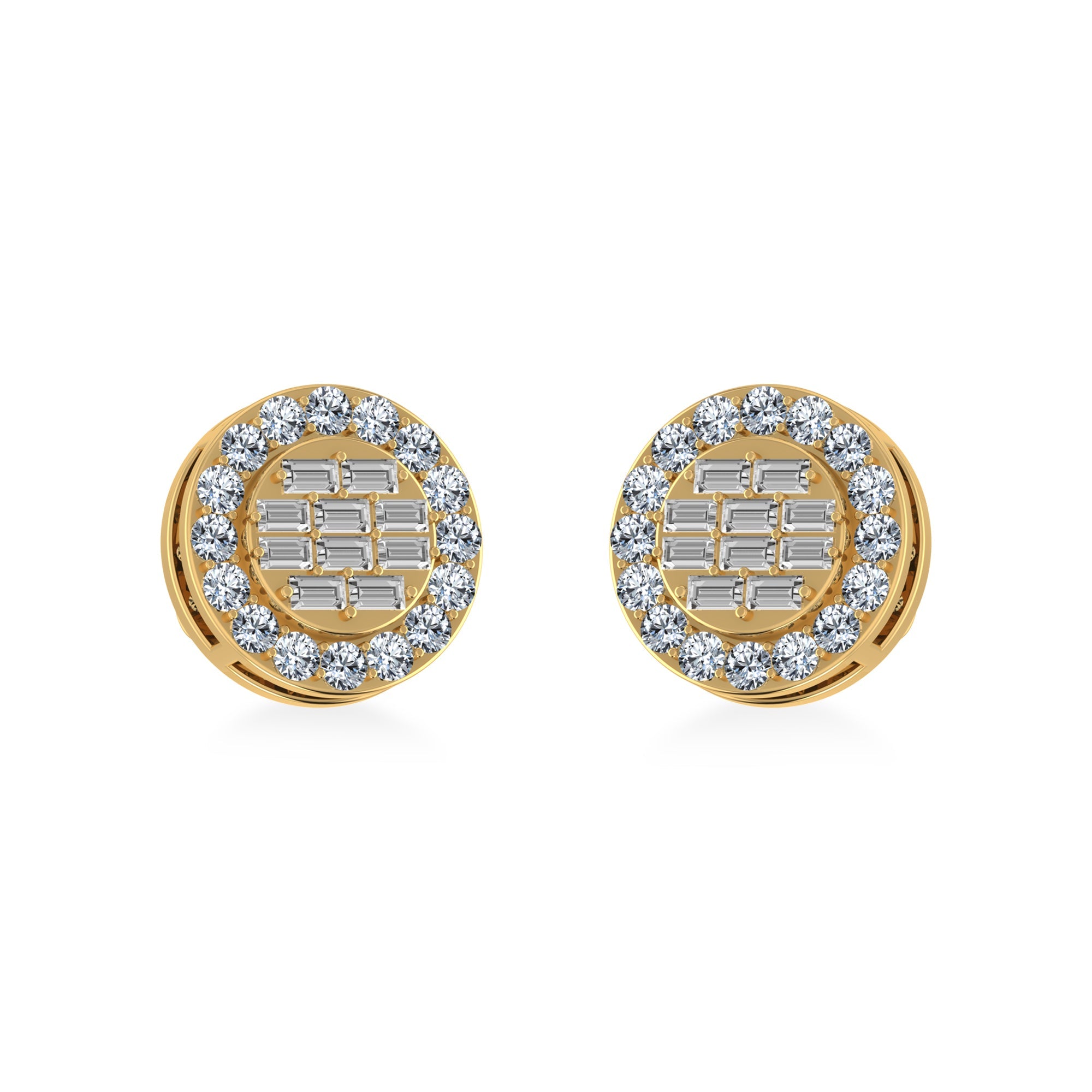 14K Yellow Gold Round Baguette Diamond Halo Stud Earrings 1/2 Cttw