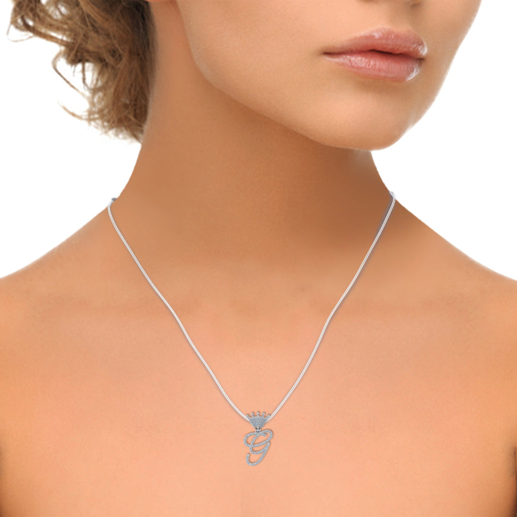 10K White Gold Round Diamond Crown G Letter Initial Pendant 1/5 Cttw