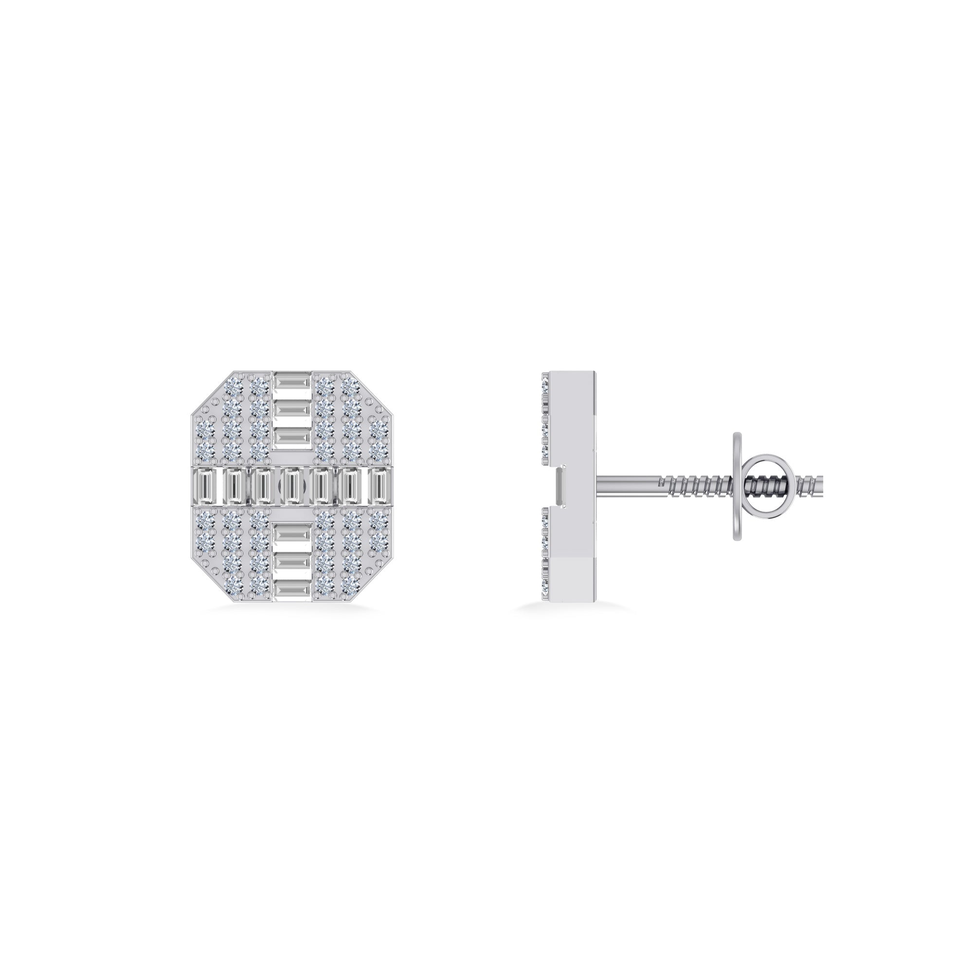 10K White Gold Round Baguette Diamond Designer Mens Stud Earring 1/3 Cttw