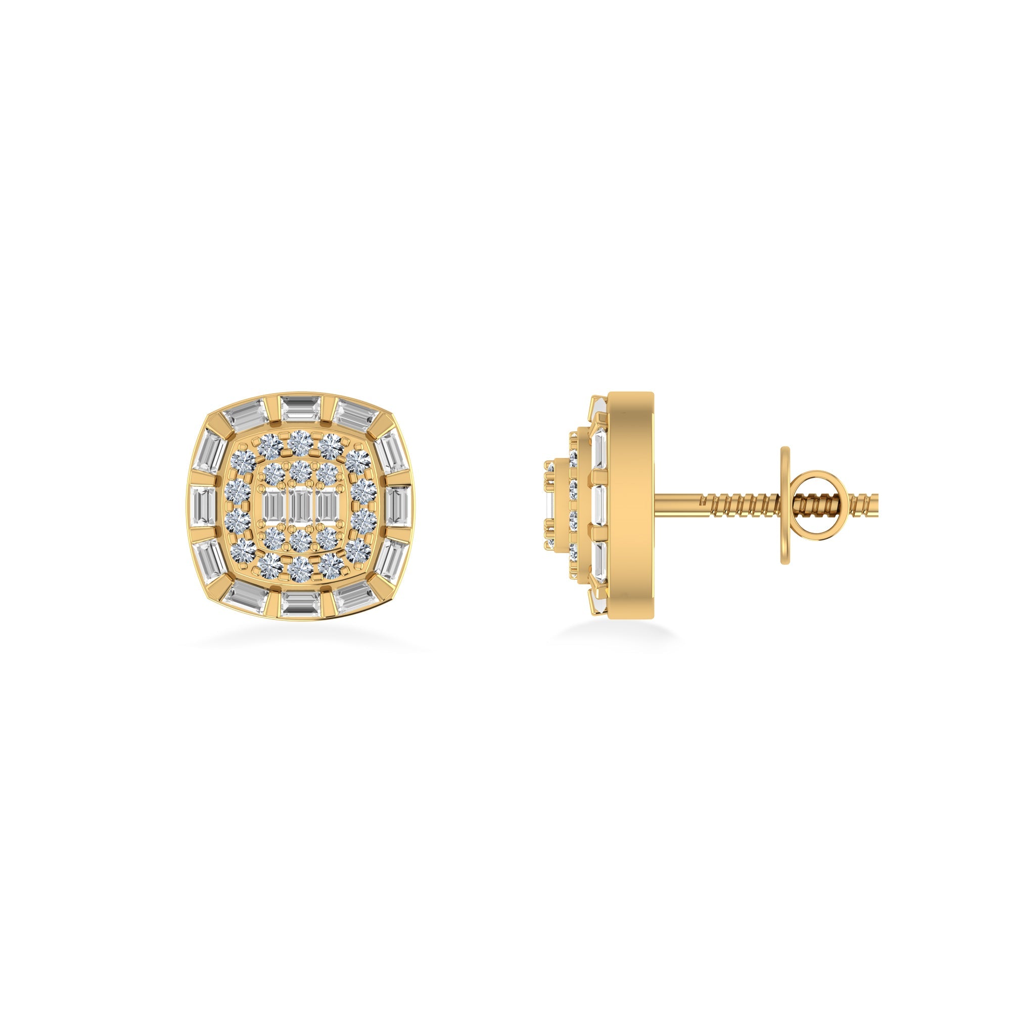 10K Yellow Gold Round Baguette Diamond Square Designer Earring 1/2 Cttw