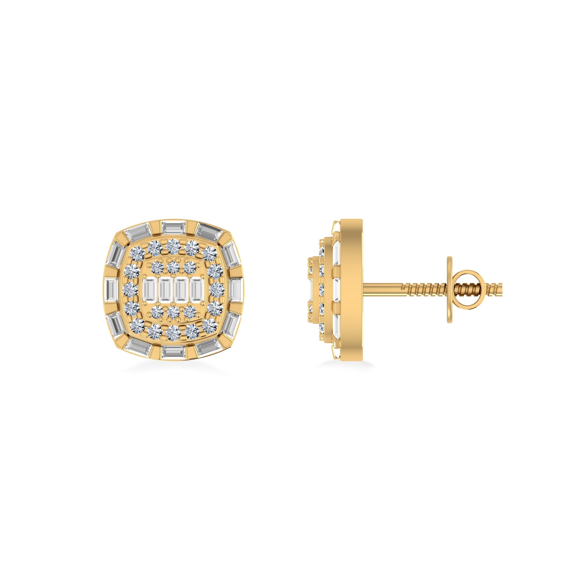 10K Yellow Gold Round Baguette Diamond Square Designer Earring 3/4 Cttw