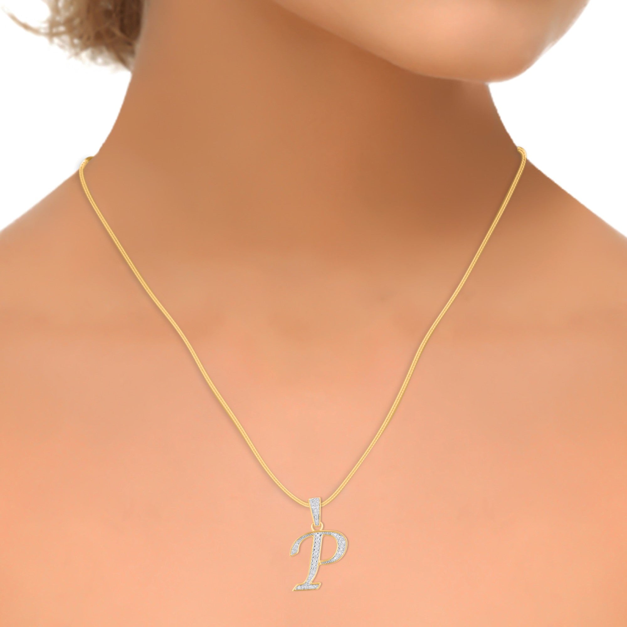 10K Yellow Gold Round Diamond P Letter Initial Pendant 1/10 Cttw