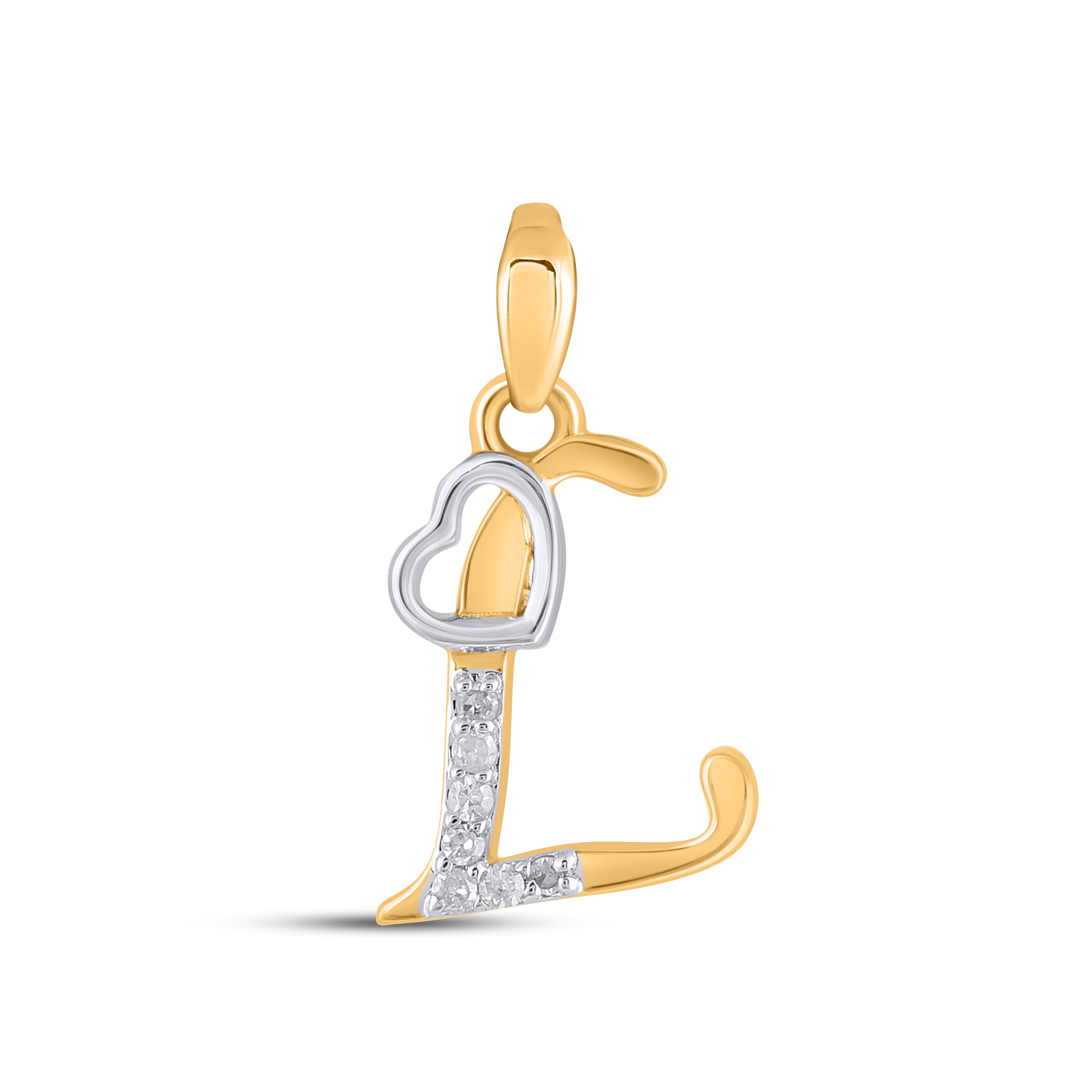 10K Yellow Gold Round Diamond L Letter Initial With Heart Pendant 1/10 Cttw