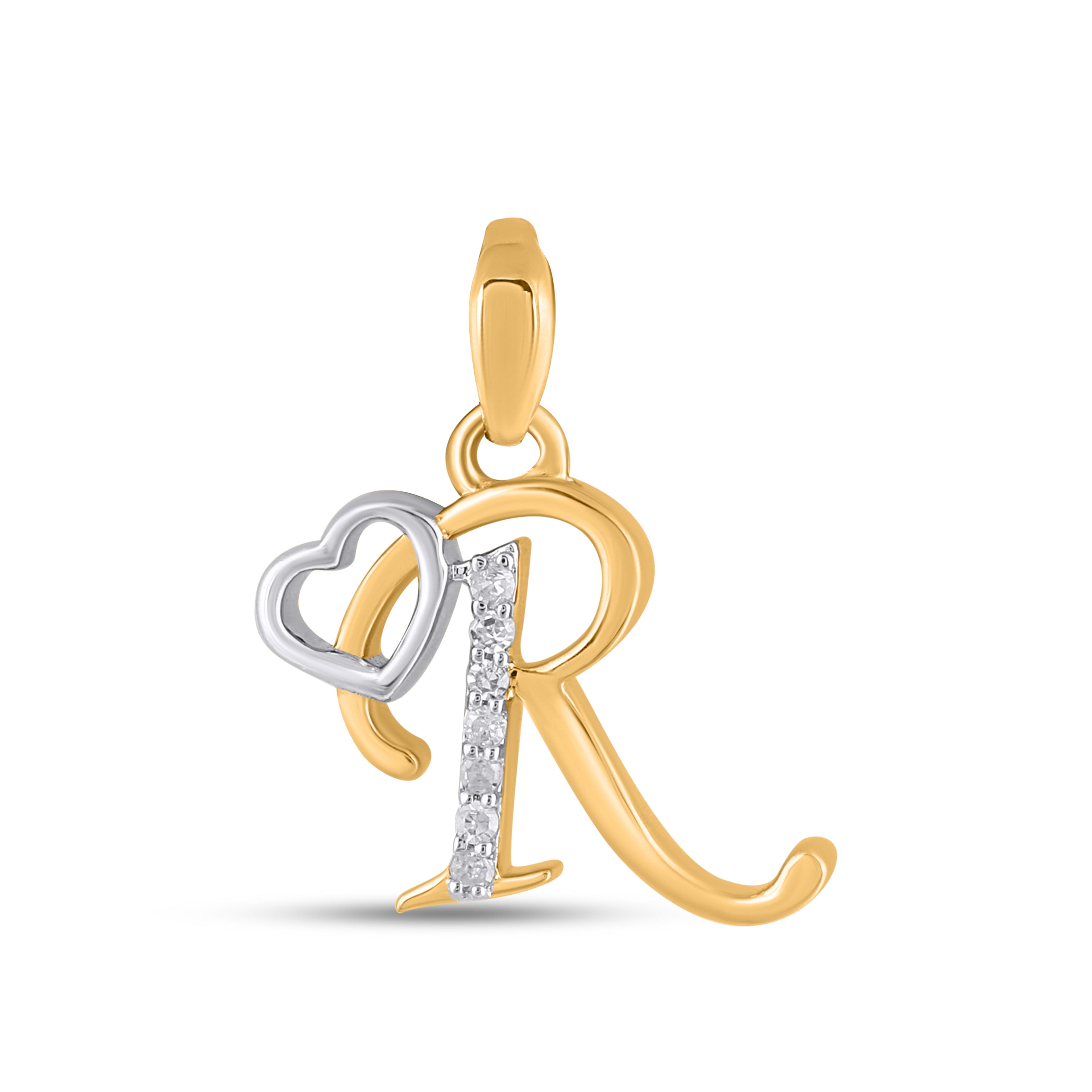 10K Yellow Gold Round Diamond R Letter Initial With Heart Pendant 1/10 Cttw
