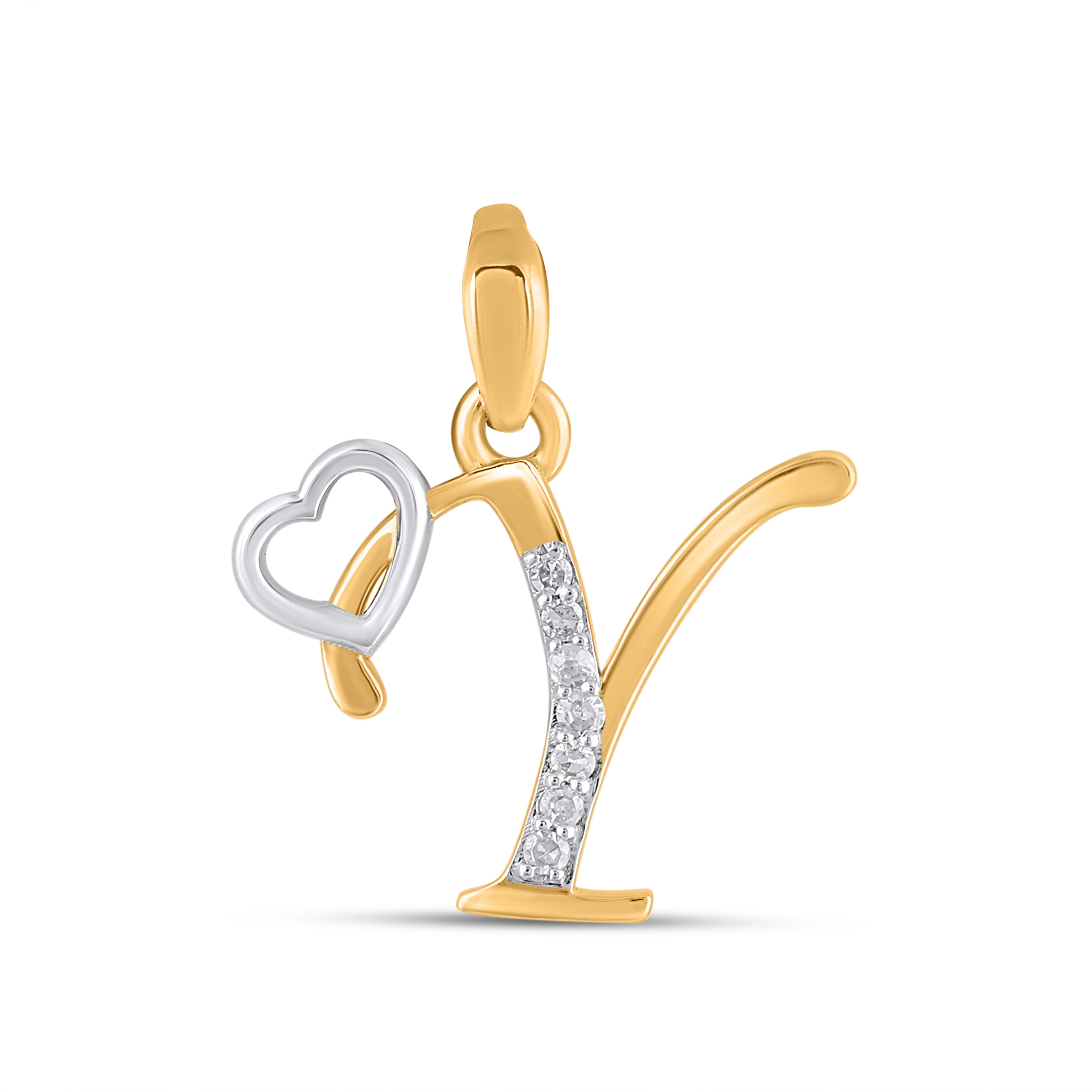 10K Yellow Gold Round Diamond Y Letter Initial With Heart Pendant 1/10 Cttw