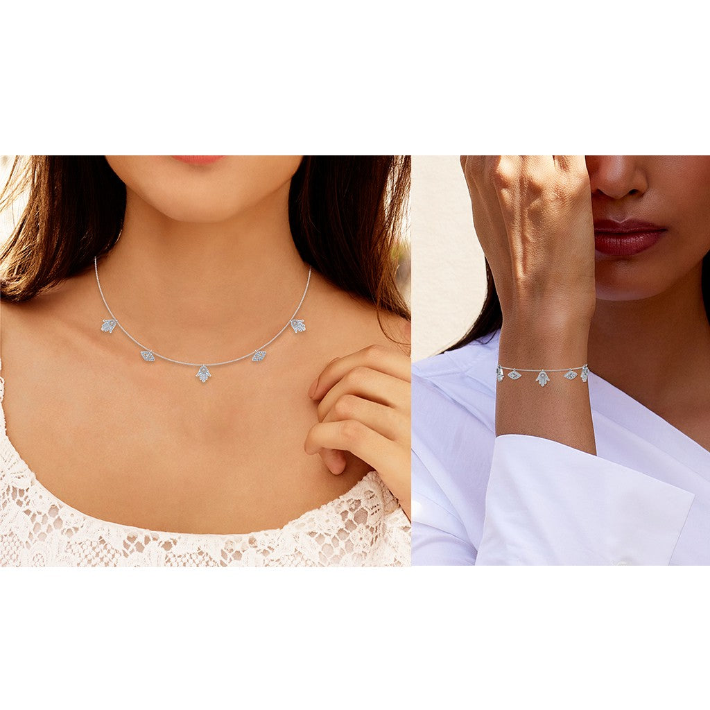 14K White Gold Hamsa Hand Evil Eye Necklace Bracelet Set 1-1/4 Cttw