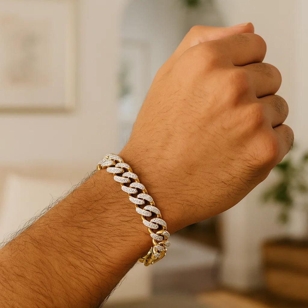 14k Two Tone Gold 8 1/4 inch Curb Chain Bracelet with White Pave (9.50 mm)