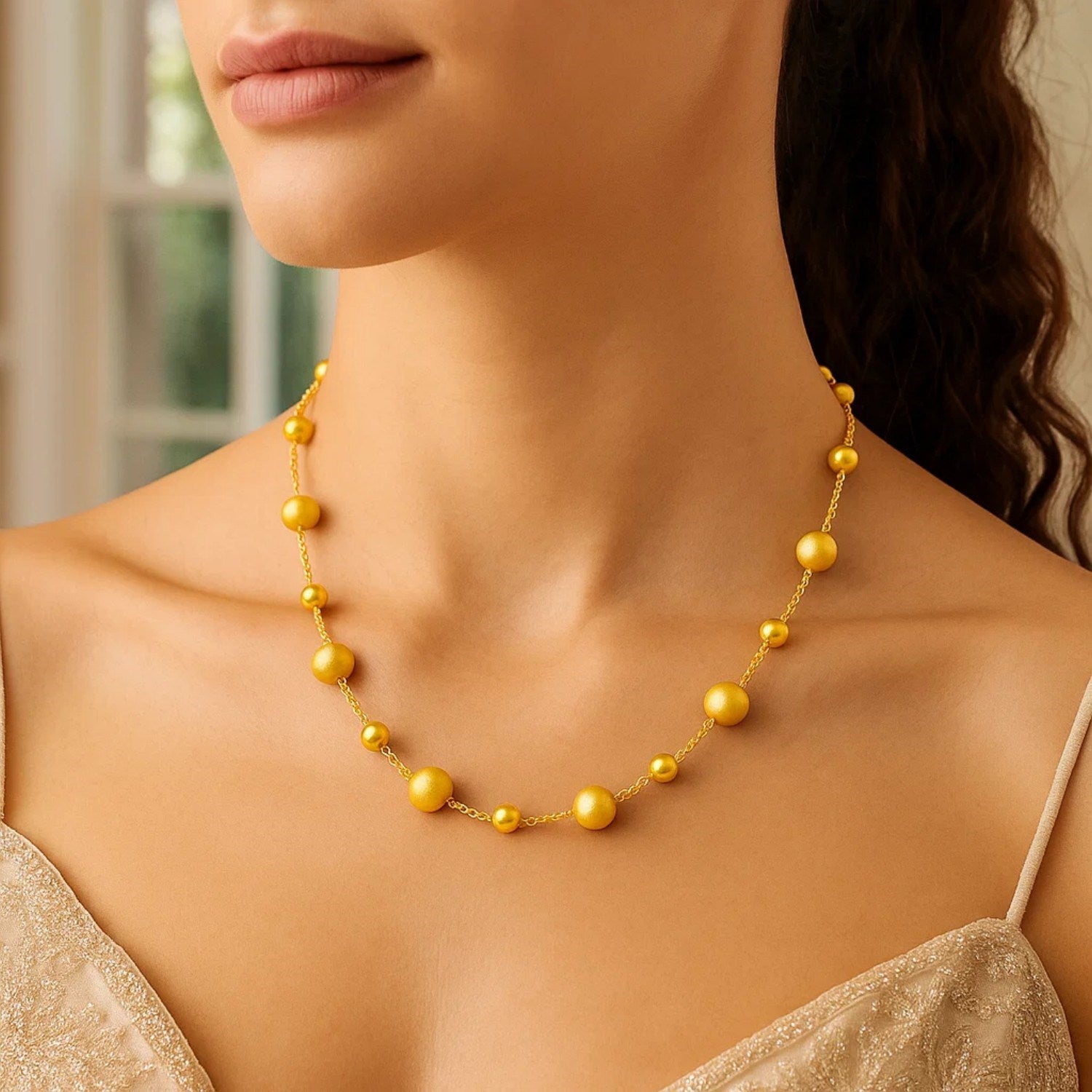 14K Yellow Gold Polished and Satin Pebble Necklace