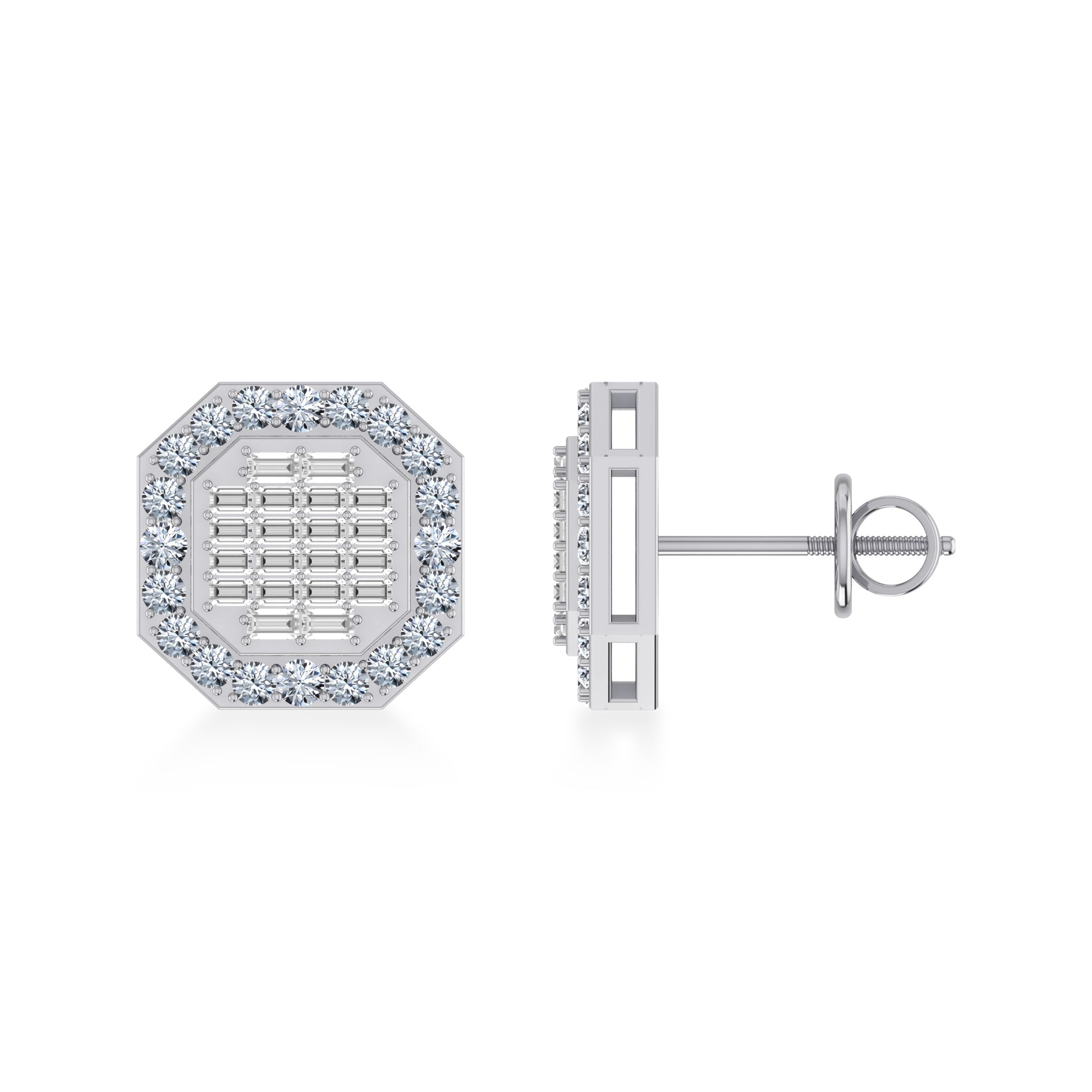 14K White Gold Round Baguette Diamond Designer Stud Earrings 7/8 Cttw