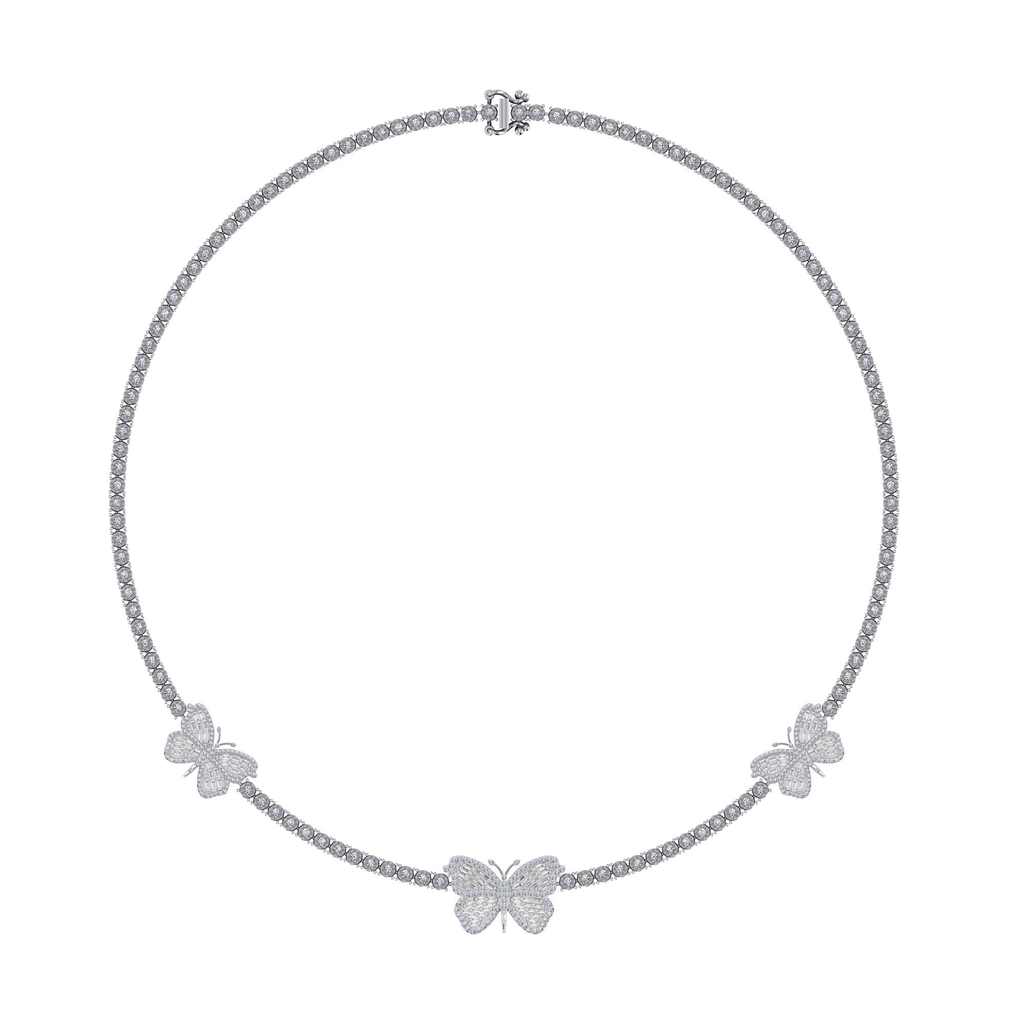 10K White Gold Round Baguette Diamond Butterfly Designer 18 Inch Necklace 1-7/8 Cttw