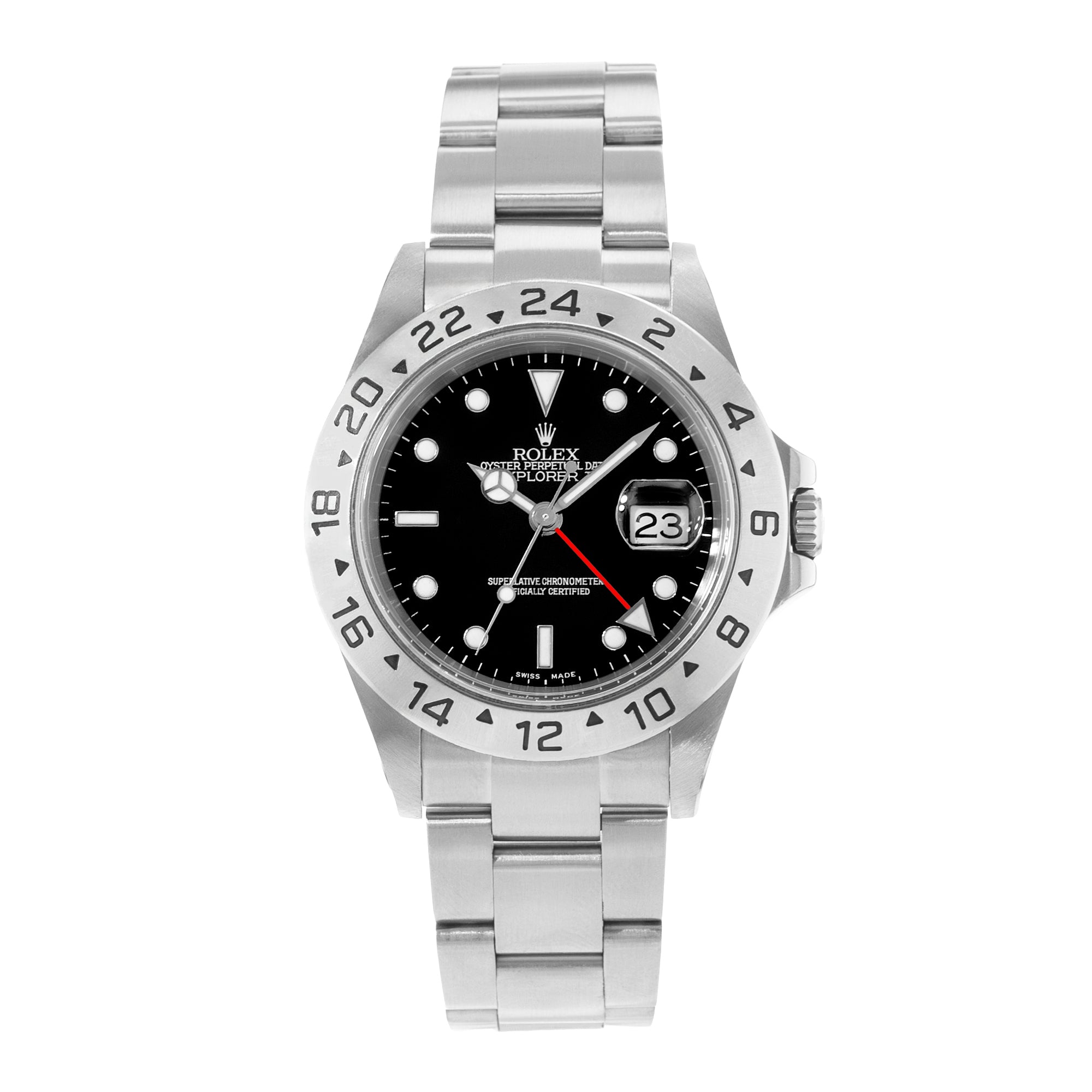 Silver watch with black dial on a white background