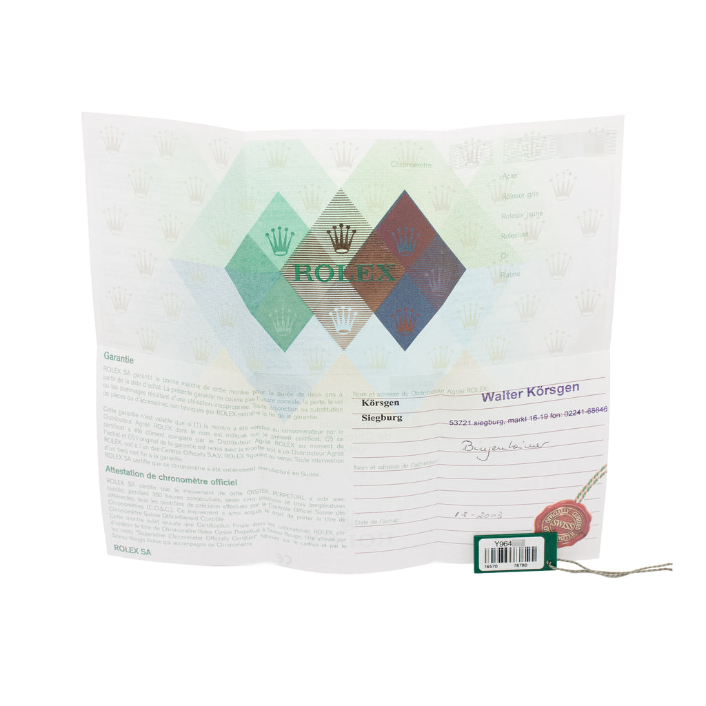 Rolex certificate with brand logo on a white background
