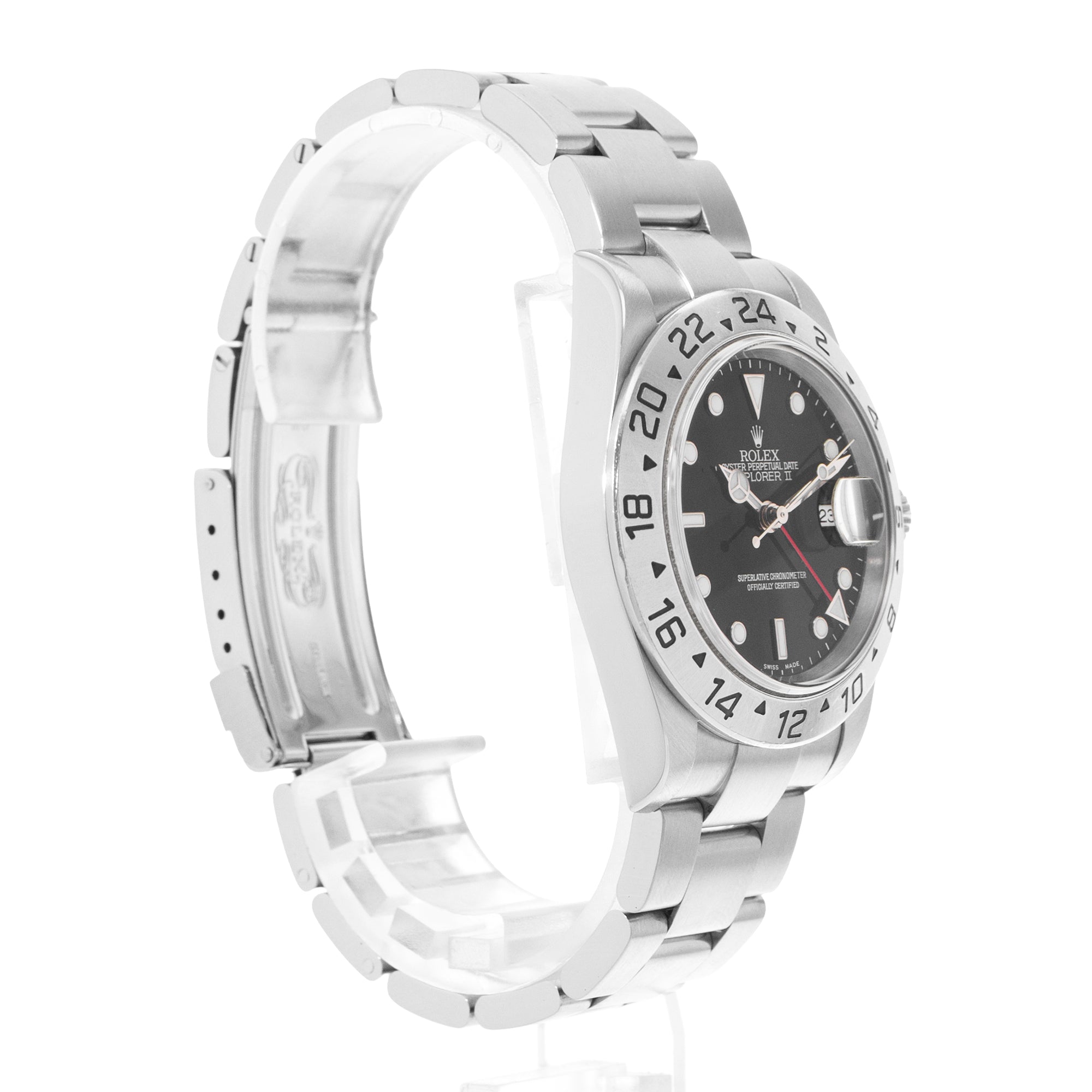 Silver watch with a black dial on a white background