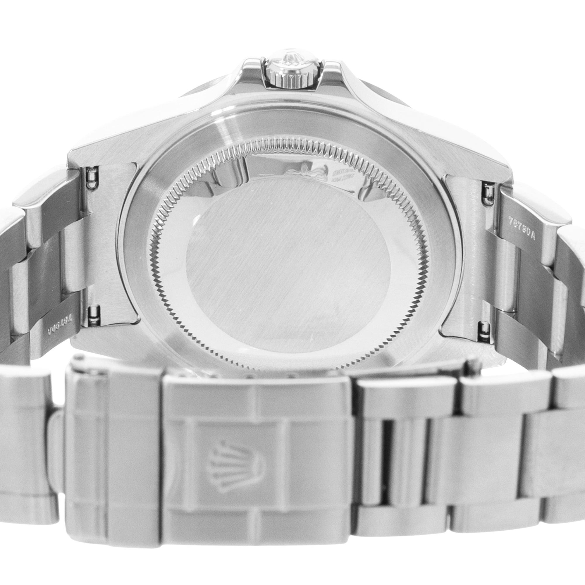 Close-up of a silver watch with a detailed metal band on a white background