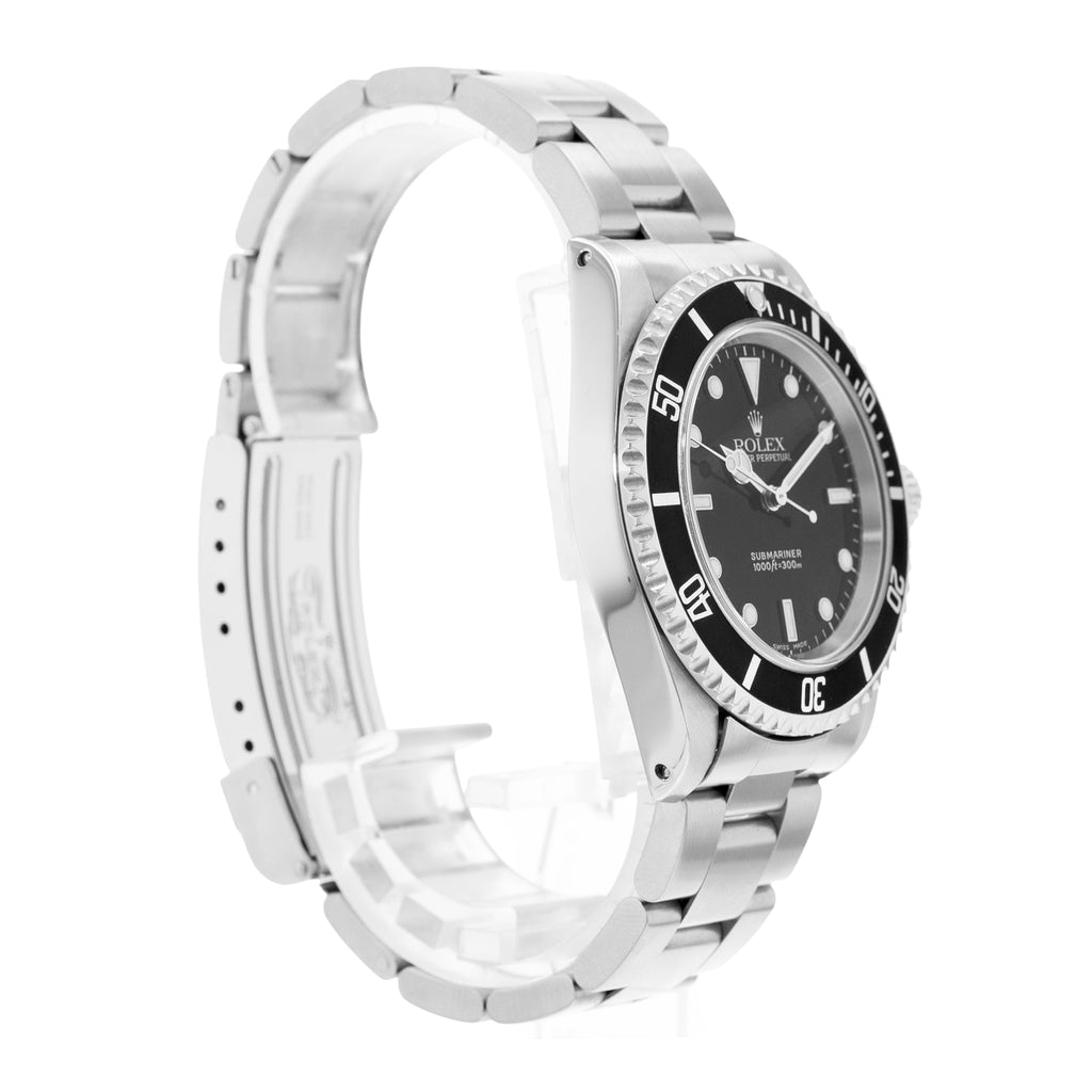 Silver watch with black dial on a white background