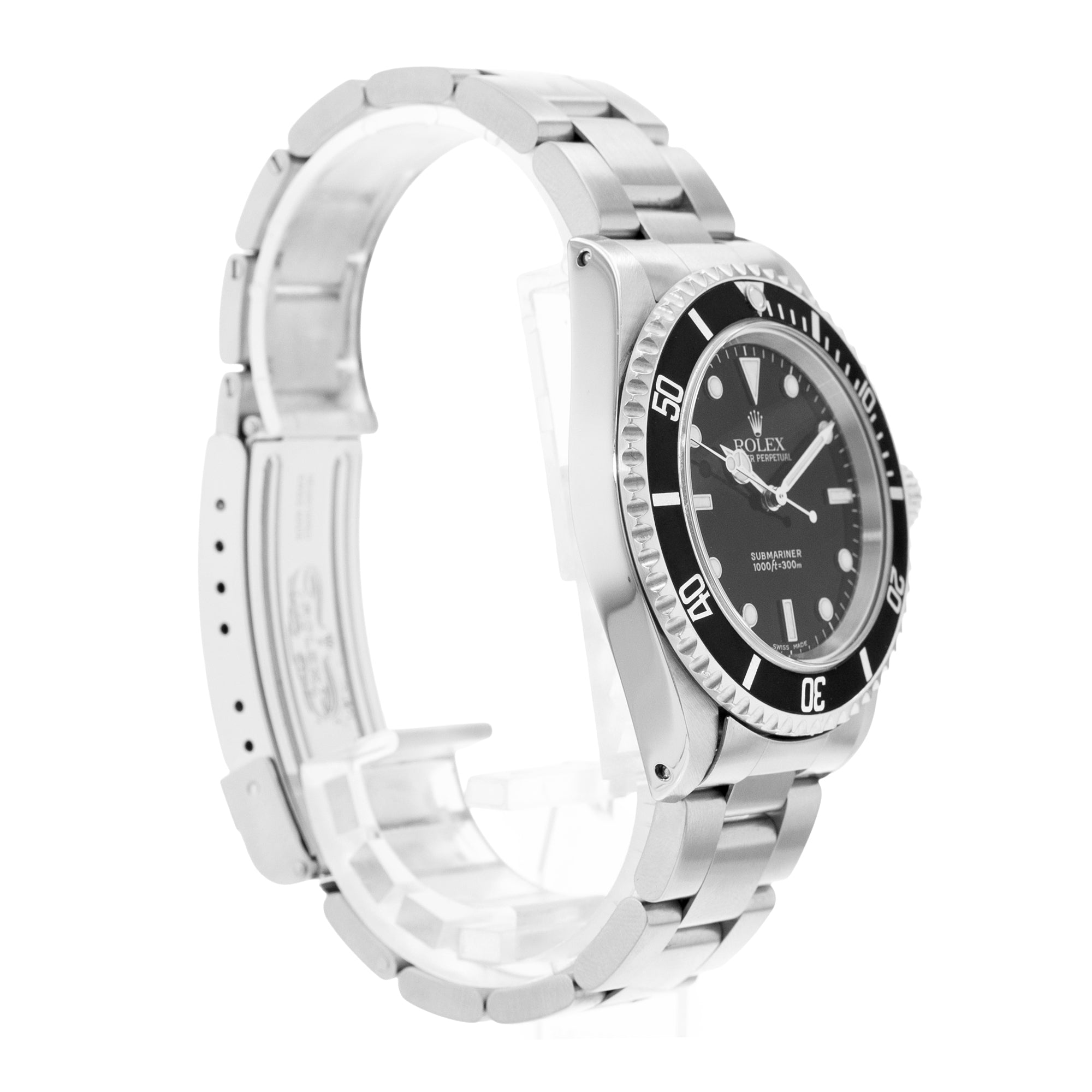 Silver watch with black dial on a white background